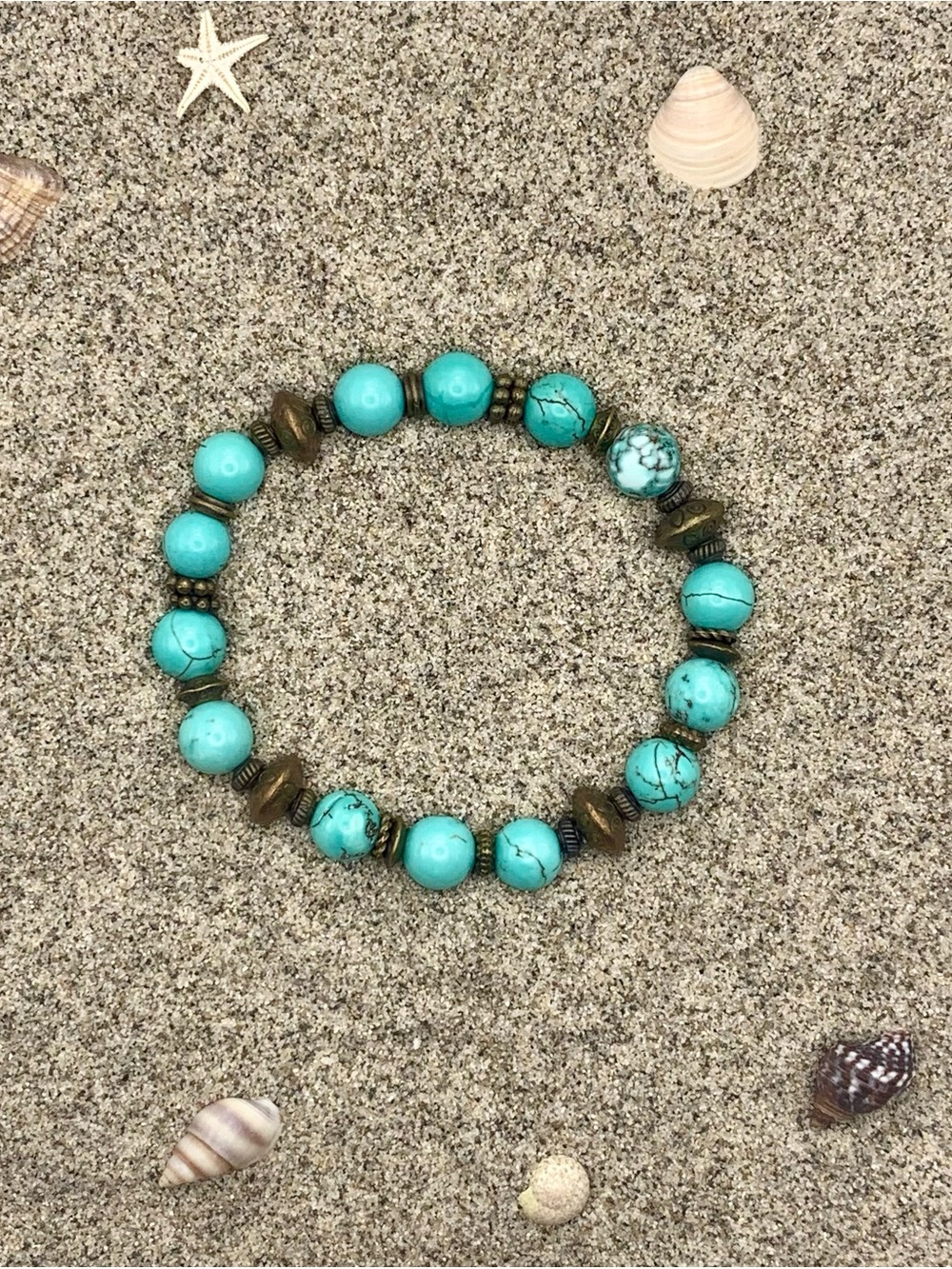Turquoise Bead Stretch Bracelet with Antique Bronze Accents